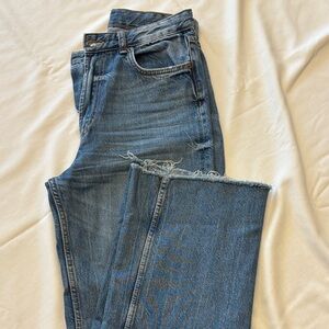 Zara Blue Straight Leg Jeans with Distressed Hem Long